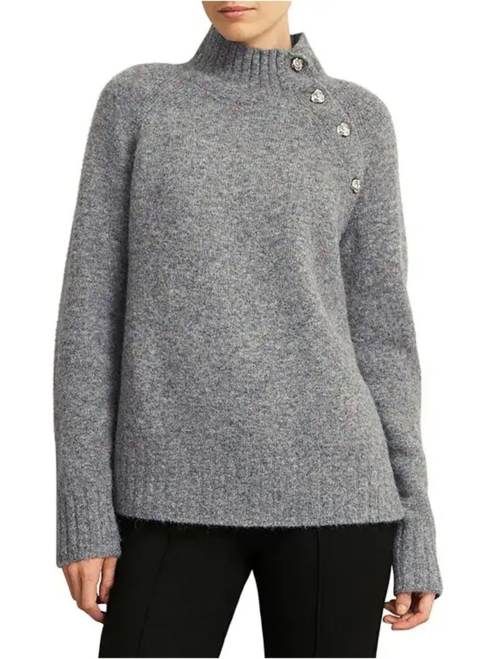 Cozy Gray Button-Shoulder Mock Neck Sweater